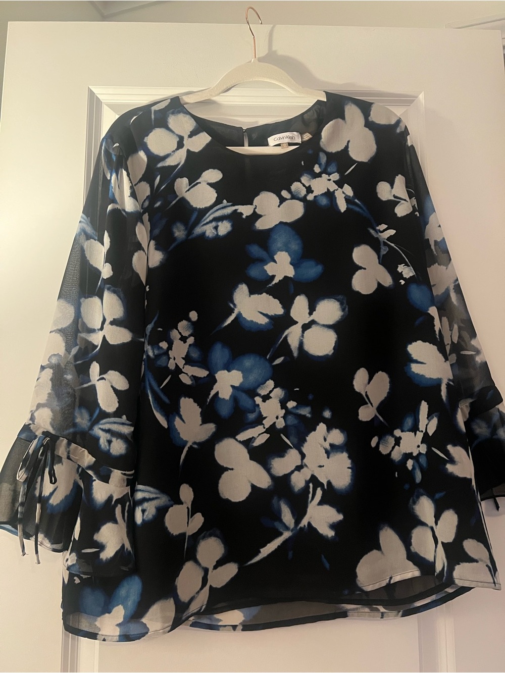 Calvin Klein Black Floral Tie-Sleeve Blouse with Blue Accents